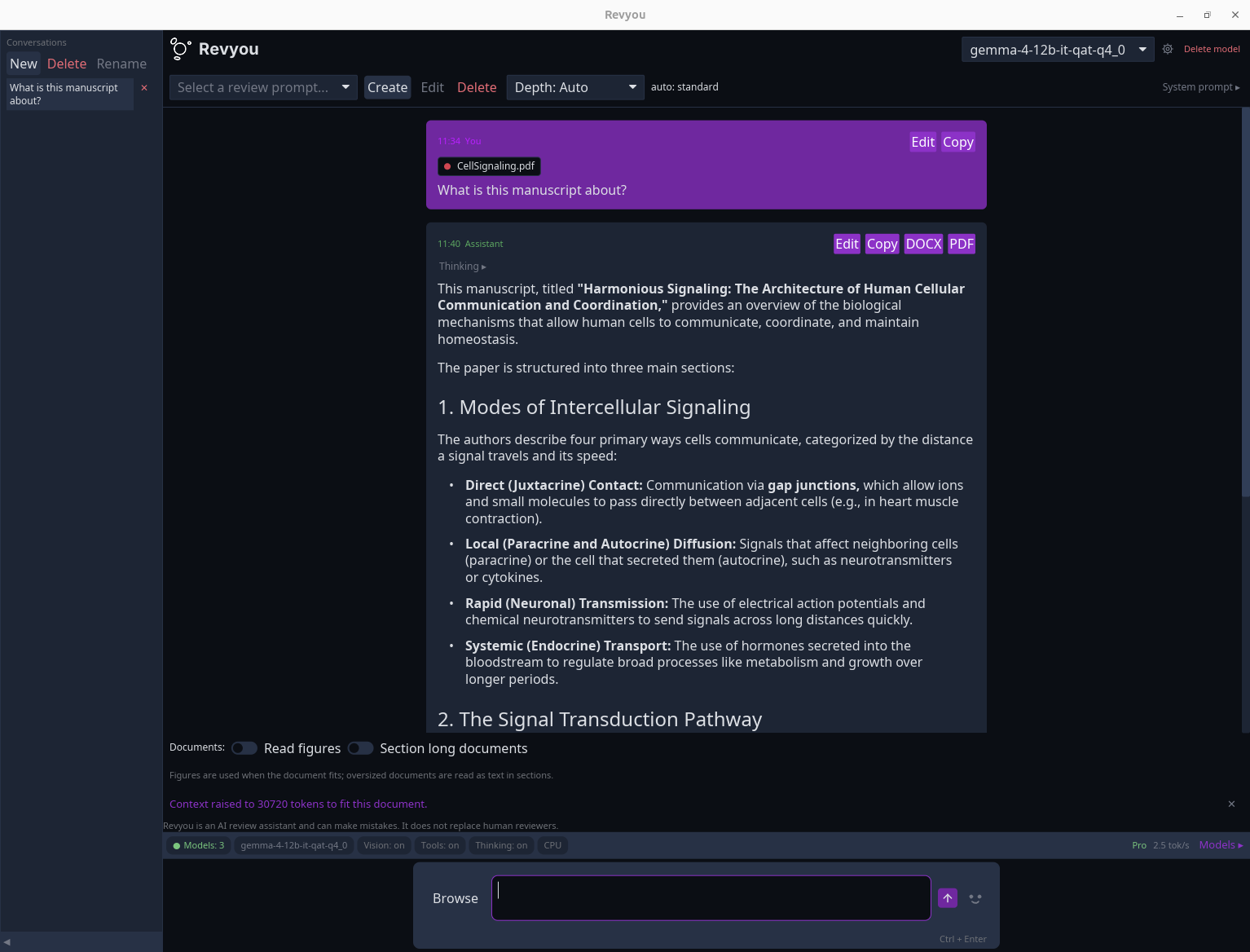 Revyou dark theme reviewing a manuscript